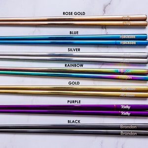solid color options for personalized engraved chopsticks with a personalized or blank black pull box case.