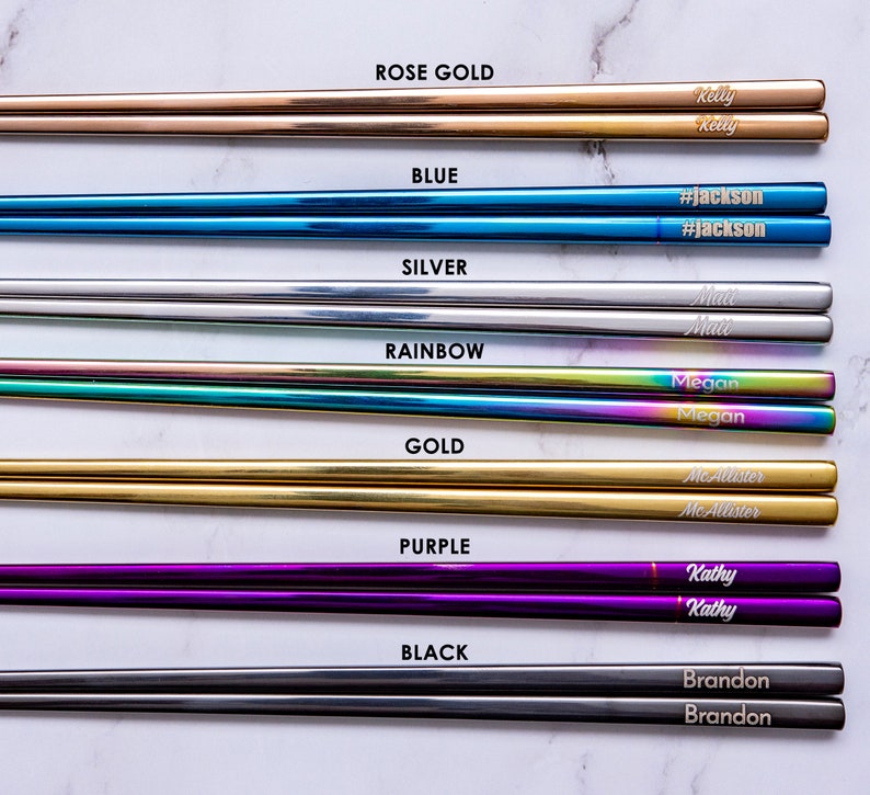 solid color options for personalized engraved chopsticks with a personalized or blank black pull box case.