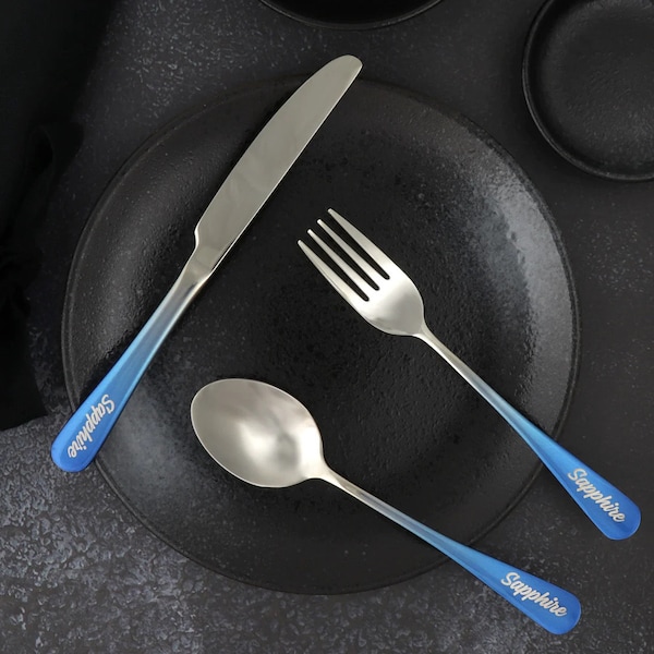 Portable Personalized Engraved Traditional Fork, Knife and Spoon Cutlery Set in a Travel Pouch or Flatware Utensil Roll