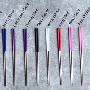 Color options for two tone silver tip personalized engraved chopsticks with a personalized or blank black pull box case.