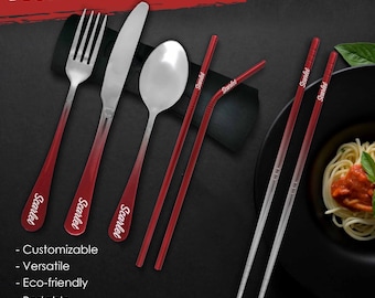 Juego de cubiertos de viaje de 9 piezas con grabado Ombré rojo personalizado