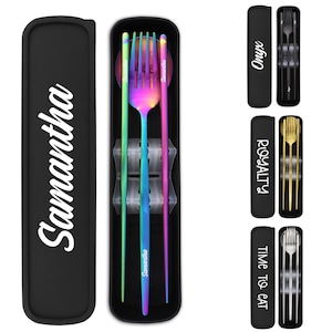 Juego de cubiertos portátil con tenedor, cuchara y palillos grabados para viajes, campamentos y comidas fuera de casa con estuche personalizado