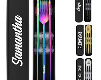 Juego de cubiertos de viaje personalizado: tenedor, cuchara y palillos de acero inoxidable