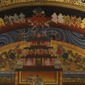May include: A colorful Tibetan Buddhist painting with intricate details. The painting features a multi-tiered structure with figures and symbols, surrounded by swirling clouds and floral motifs. The top of the painting features a banner with the text "Om Mani Padme Hum" in Tibetan script.
