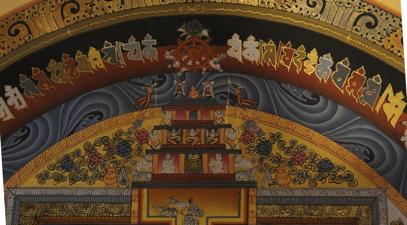 May include: A colorful Tibetan Buddhist painting with intricate details. The painting features a multi-tiered structure with figures and symbols, surrounded by swirling clouds and floral motifs. The top of the painting features a banner with the text "Om Mani Padme Hum" in Tibetan script.