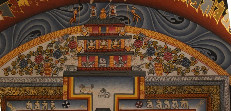 May include: A colorful Tibetan Buddhist painting depicting a mandala with a central stupa, surrounded by intricate floral designs and figures. The painting features a blue, white, and gold color scheme.