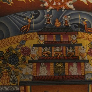 May include: A colorful painting depicting a multi-tiered structure with figures in various poses. The structure is adorned with intricate details and surrounded by floral motifs. The painting is set against a blue and gold background.
