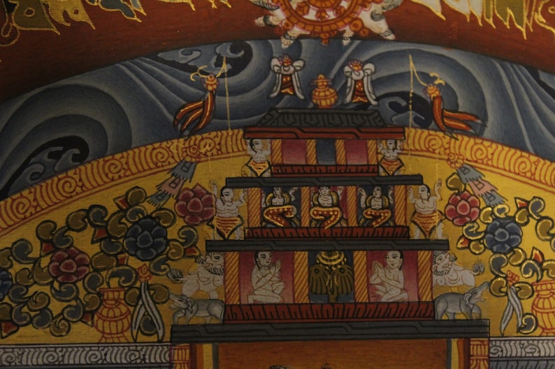 May include: A colorful painting depicting a multi-tiered structure with figures in various poses. The structure is adorned with intricate details and surrounded by floral motifs. The painting is set against a blue and gold background.