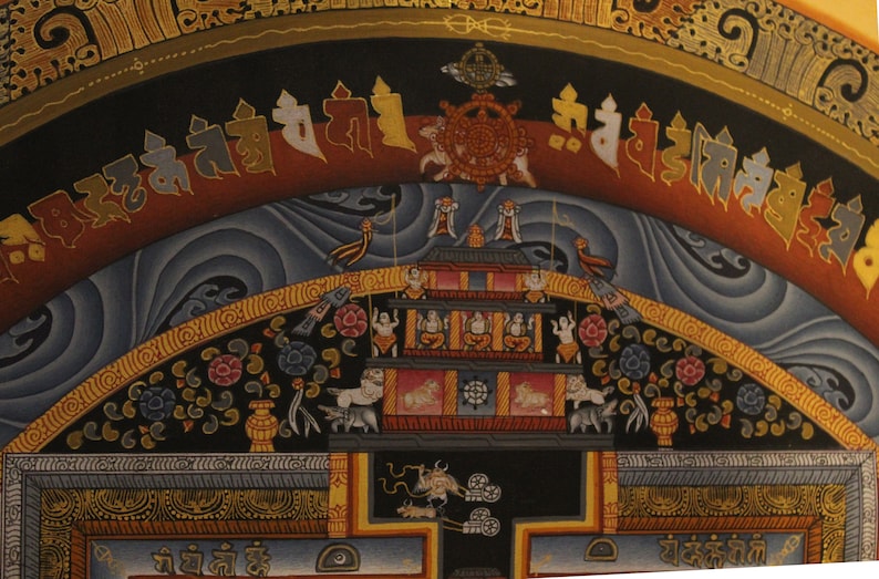 May include: A colorful Tibetan Buddhist mandala painting with intricate details. The painting features a central motif of a wheel with spokes, surrounded by a circular border of stylized clouds and floral patterns. The painting is framed by a gold border with ornate designs.