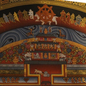 May include: A colorful Tibetan mandala painting with intricate details. The mandala features a central wheel with spokes, surrounded by a series of concentric circles and geometric patterns. The painting is framed by a border of gold and red, with a blue and white sky above. The mandala is a symbol of the universe and the interconnectedness of all things.