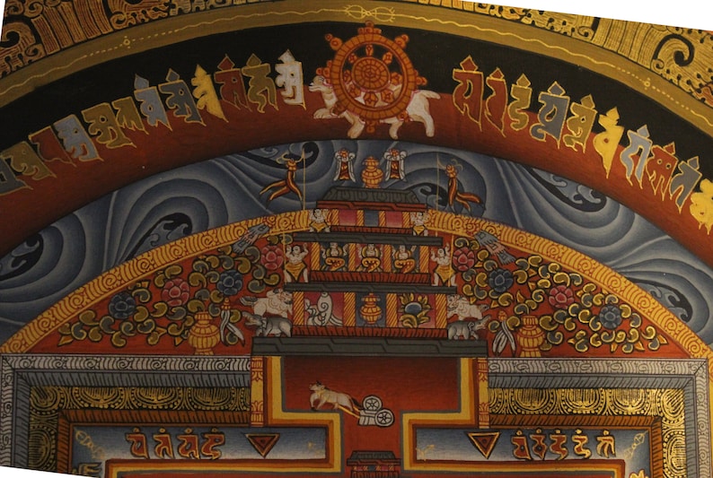 May include: A colorful Tibetan mandala painting with intricate details. The mandala features a central wheel with spokes, surrounded by a series of concentric circles and geometric patterns. The painting is framed by a border of gold and red, with a blue and white sky above. The mandala is a symbol of the universe and the interconnectedness of all things.