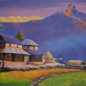 Fishtail with Village Life-Nepal Landscape Painting