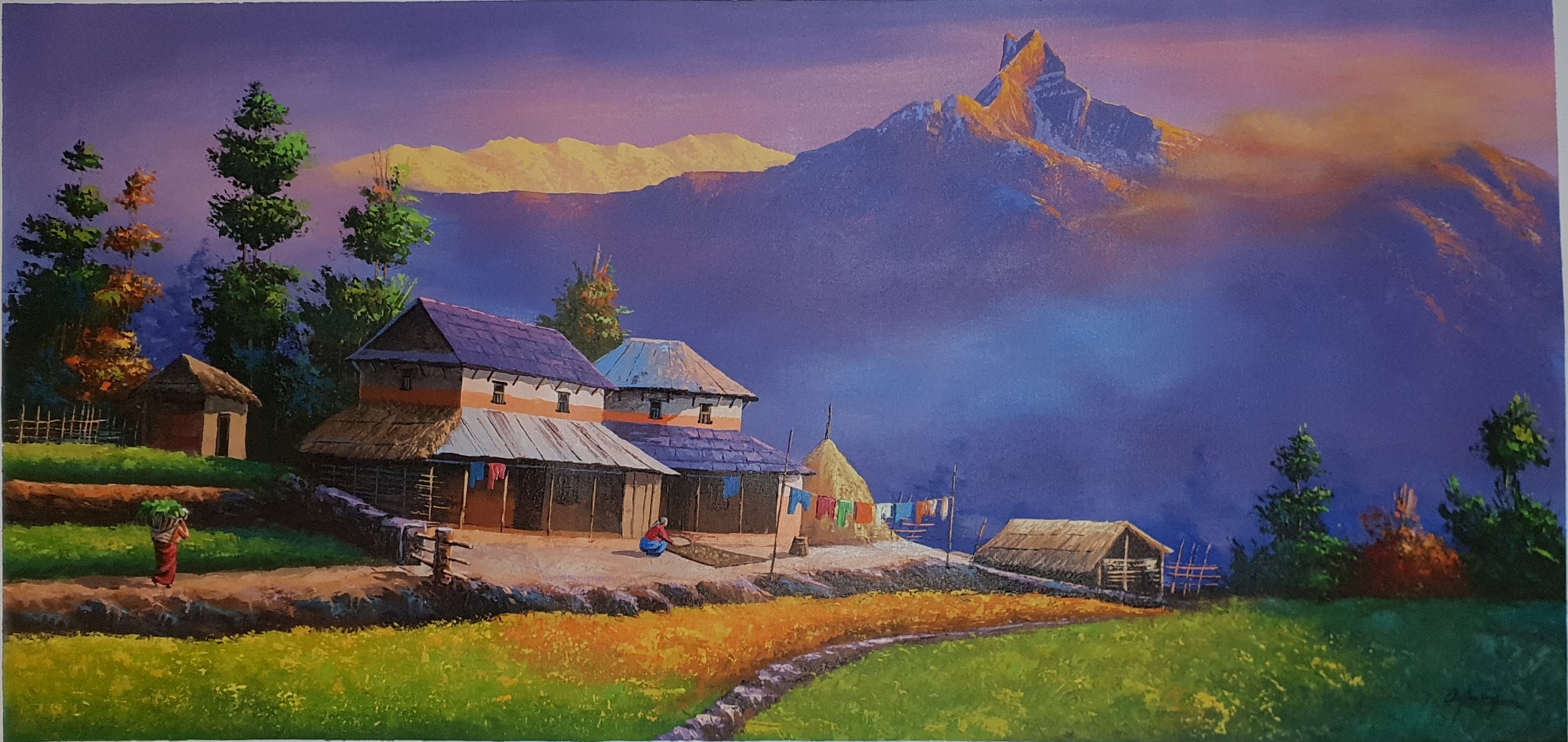 Fishtail with Village Life-Nepal Landscape Painting