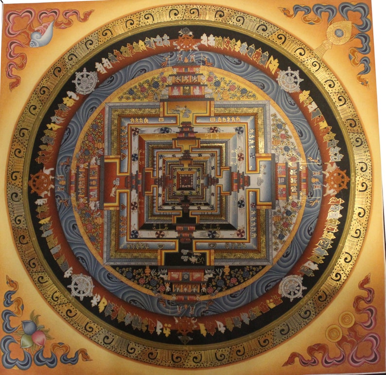 May include: A colorful mandala with a square pattern in the center. The mandala is surrounded by a circle of intricate designs and symbols. The background is a light yellow color.
