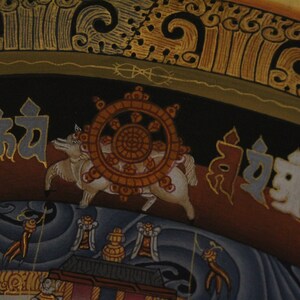May include: A Tibetan Buddhist painting with a white animal with a wheel on its back. The animal is surrounded by a dark blue background with waves. The painting has gold and red accents. The text in the image reads "Om Mani Padme Hum".