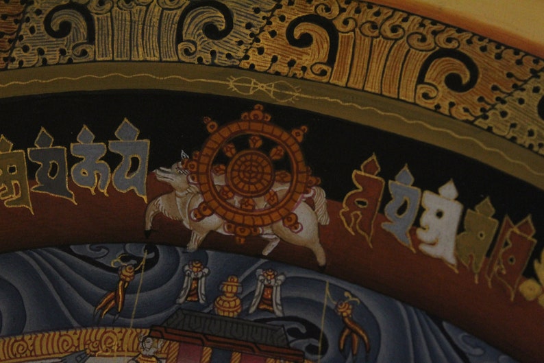 May include: A Tibetan Buddhist painting with a white animal with a wheel on its back. The animal is surrounded by a dark blue background with waves. The painting has gold and red accents. The text in the image reads "Om Mani Padme Hum".