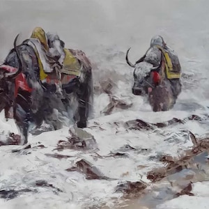 May include: An oil painting shows three yaks in a snowy scene. The yaks, with dark grey and white coats, are carrying packs with red and yellow details. The artwork conveys a feeling of cold and isolation in a mountainous region.