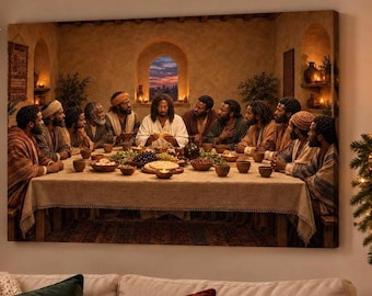 May include: A rectangular canvas wall art print depicting a group of thirteen individuals seated around a long table covered with a beige cloth. The central figure wears a white robe, while others wear earth-toned garments. Bowls of food are present.