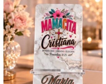 Support pour téléphone cadeau chrétien avec nom personnalisé, support pour téléphone Mamacita Cristiana personnalisé, décoration de bureau foi latina, cadeau Proverbes 31 pour elle
