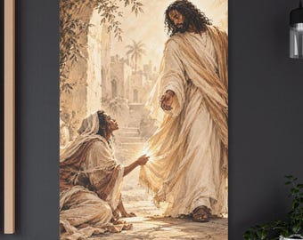Faithful Woman Touching Hem of Jesus Garment Art, AI Canvas Wall Decor, FBA Christian Home Gifts, Healing Prayer Painting, Black Owned Art
