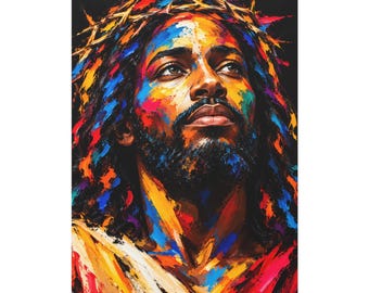 May include: A vibrant oil painting portrait of a bearded figure wearing a crown of thorns. The artwork features bold, expressive brushstrokes in primary colors including red, blue, and yellow against a dark background, creating a textured effect.