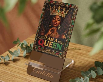 Personalized Black Woman I Am A Queen Phone Stand, Custom Name Gift for Her, African American Desk Accessory, Black Girl Magic Gift, Giftful