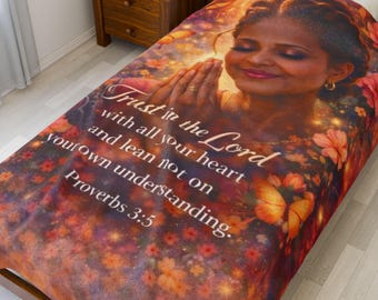 Christian Scripture Blanket Custom Bible Verse Plush Velveteen Throw Personalized Praying Black Woman Prayer Blanket Proverbs 3:5 Faith Gift