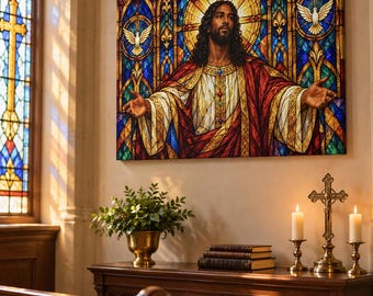 May include: A rectangular canvas wall art print depicting a figure with long dark hair and a golden halo, wearing a red and white robe with arms outstretched. The background features a vibrant stained glass pattern with two white doves.