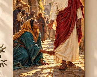 Black Jesus AI Canvas Wall Art, Woman Touching the Hem, Faith Healing Print, Afrocentric Painting, African American Art, Black Owned Shops