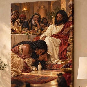 Black Jesus Canvas Wall Art, Woman Washing Feet Alabaster Box Afrocentric Christian Artwork, Ordination Gifts, Black Owned Shops