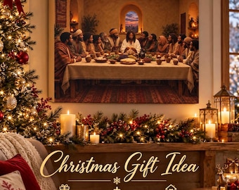 May include: A rectangular wall art print depicting the Last Supper scene with figures seated at a long table, featuring warm lighting, a central figure, and a sunset view through an arched window, with text reading Christmas Gift Idea.