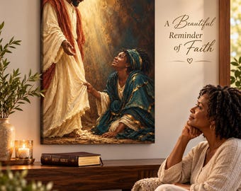 Kvinna som rör vid fållen Jesus-plagg Canvastavla, Faith Healing Print, FBA Heminredning, Afroamerikanskt konstverk, Svartägda butiker