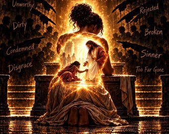 May include: A digital illustration featuring a glowing silhouette of a person kneeling, with Jesus reaching out to a smaller figure inside the light. Text reads: All is forgiven, Go and sin no more. Surrounding words include Shame, Guilty, Unworthy, Rejected, Dirty, Broken, Condemned, Sinner, Disgrace, and Too Far Gone.