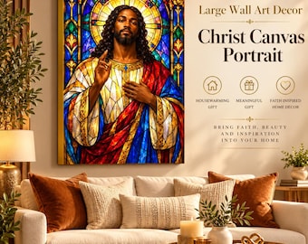 May include: A rectangular canvas wall art print featuring a portrait of a man with dark curly hair and a beard, depicted in a stained glass style with vibrant blue, red, and yellow colors. The artwork includes text reading Large Wall Art Decor.