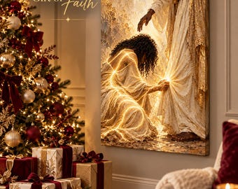 May include: A rectangular canvas print featuring a kneeling figure with dark curly hair reaching toward a standing robed figure, both illuminated by golden light. The text "Give the Gift of Faith" is printed in the upper left corner.
