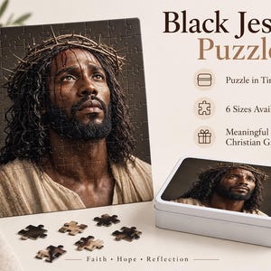 May include: A Black Jesus puzzle featuring a portrait of a man with long dark hair and a crown of thorns. The set includes a white tin container with the same image, loose puzzle pieces, and text reading Black Jesus Puzzle, Faith, Hope, Reflection.