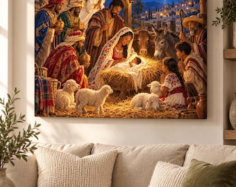 May include: A rectangular canvas wall art print depicting a traditional nativity scene. The image features a central manger with a newborn, surrounded by figures in colorful robes, an angel, a donkey, an ox, and several white lambs on straw.