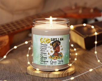 Custom Christian Soy Candle Gift: African American Woman, Scripture Label