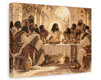 Peut inclure: Une impression sur toile représentant la scène de la Cène avec un personnage central entouré de douze personnes autour d'une longue table recouverte d'une nappe blanche. L'œuvre présente des tons sépia chauds, des arches en pierre et une lumière.