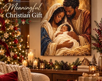 May include: A square canvas wall art print depicting a Black family in a nativity scene with a mother, father, and infant wrapped in cloth. The text Meaningful Christian Gift is printed on the left side of the image in a script font.