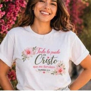 May include: White t-shirt with a floral design and text in Spanish. The text reads "Todo lo puedo en Cristo que me fortalece. Filipenses 4:13" in a script font, surrounded by pink flowers and green leaves.
