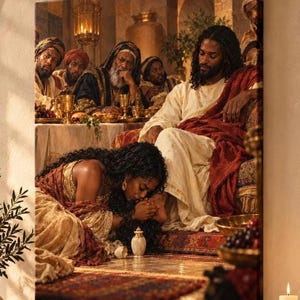Schwarzes Jesus-Leinwandbild, Alabasterbox: Frau wäscht Jesu Füße, afrozentrische christliche Wandkunst mit maskuliner Symbolik, Geschäfte in schwarzem Besitz