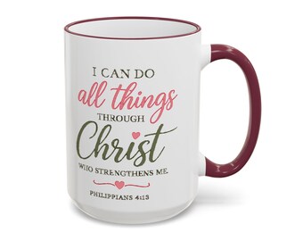 Minimalist Philippians 4:13 Accent Mug, Christian Coffee Cup, Bible Verse Mug, Faith Gift, Modern Scripture Mug, Giftful