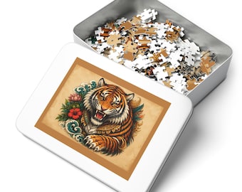 Puzzle Tigre rugissant vagues florales avec étain | casse-tête animalier style tatouage vintage | Cadeau casse-tête pour amoureux du tigre | Art déco nature