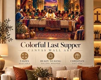 May include: A rectangular canvas wall art print titled Colorful Last Supper depicting a group of people seated at a long table for a meal. The scene features warm lighting, ornate textiles, and an arched architectural background. The print is displayed above a sofa with text indicating 5 sizes available, ready to hang, and Christian gift idea.