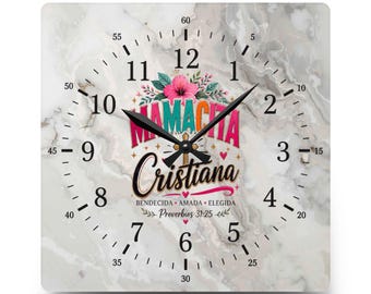 Horloge acrylique Mamacita Cristiana 10,75 x 10,75, horloge murale chrétienne cadeau, décoration Proverbes 31:25, cadeau foi latina, Bendecida Amada Elegida