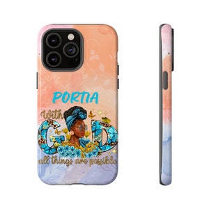 May include: A phone case with a peach background and a floral design. The case features a woman with a blue headscarf and the text "With God all things are possible".