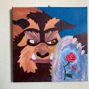 La Bella y la Bestia / Pintura en lienzo / Arte de fan de Disney / La Bestia con Rosa