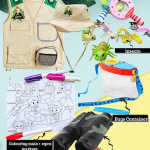 May include: An explorer themed activity set for kids. The set includes a tan vest and hat, a magnifying glass, a bug container, binoculars, and coloring mats with markers. The set is designed to encourage outdoor exploration and learning.