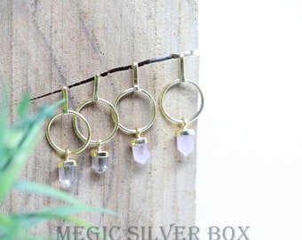 Silver Stainless Steel Statement Point with White Clear Natural Gemstone Points Gold Dipped Amethyst Crystal Hoop Earrings